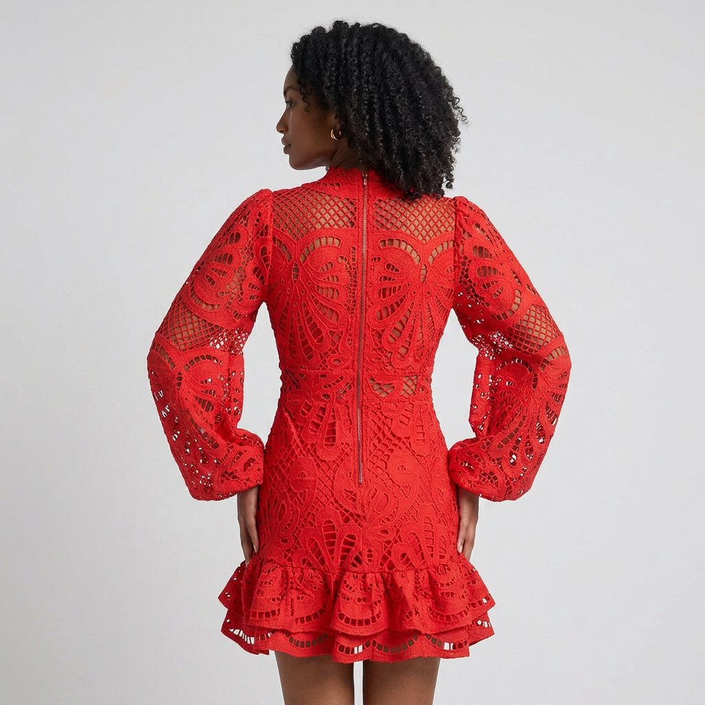 Elegant Lace Ruffle Mini Dress with V-Neckline and Tiered Silhouette