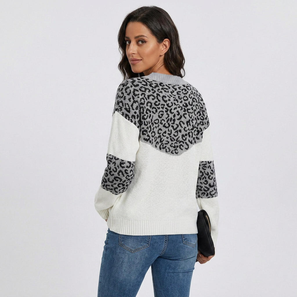 V-Neck Leopard Print Knit Sweater