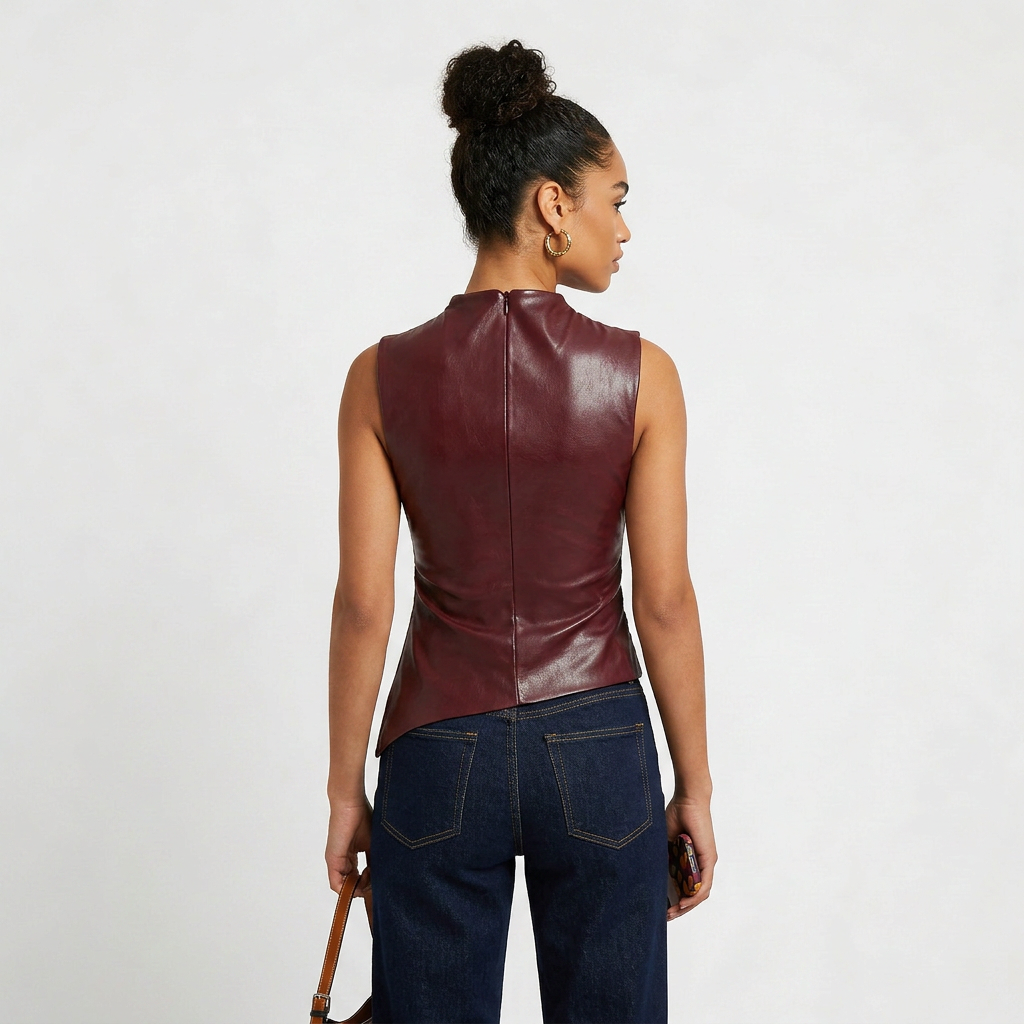 Sleeveless Vegan Leather Top with Mock Neck