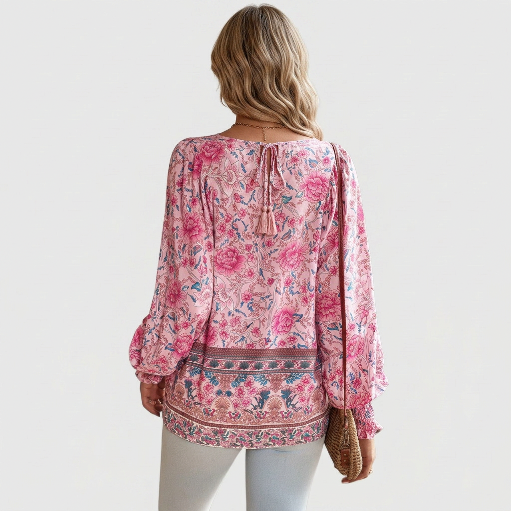 Boho Floral Long-Sleeve Peasant Top