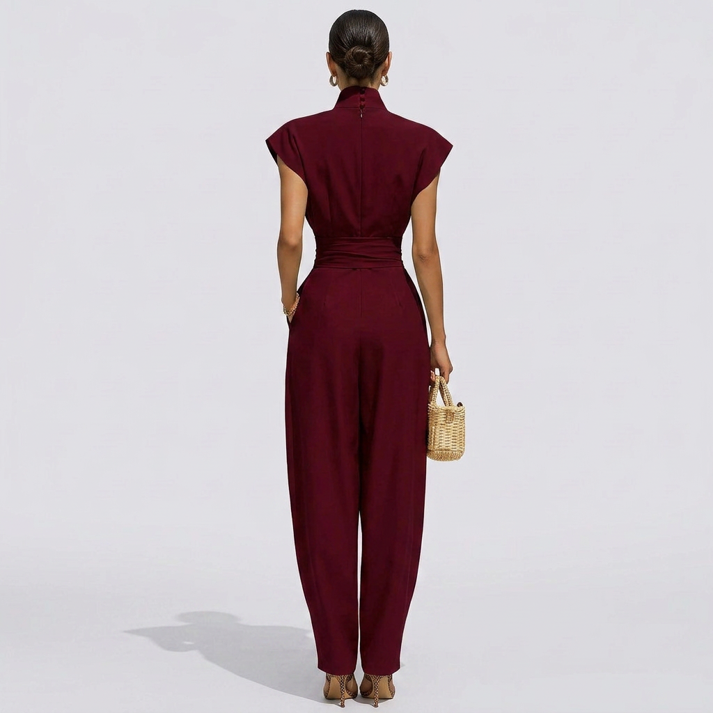 Midi Dress with Stand Collar, Short Sleeves, and Hidden Side Pockets