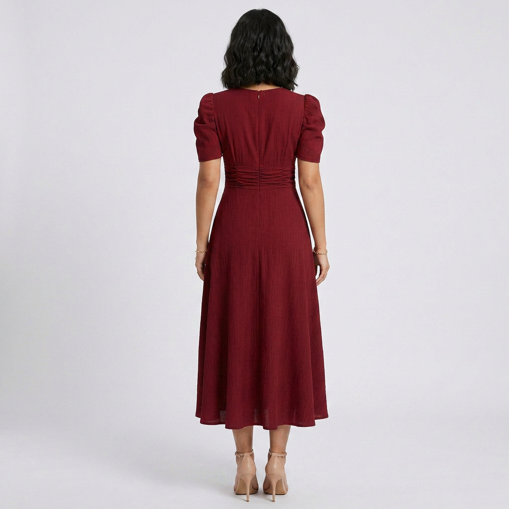Elegant V-Neck Puff Sleeve Midi Dress with Flared A-Line
