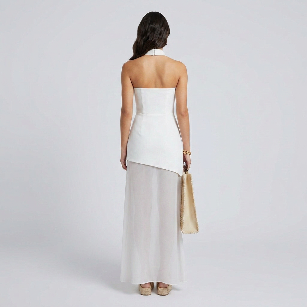 Kori Asymmetrical Layered Maxi Dress with Flowing Tiered Hem and Tailored Bodice