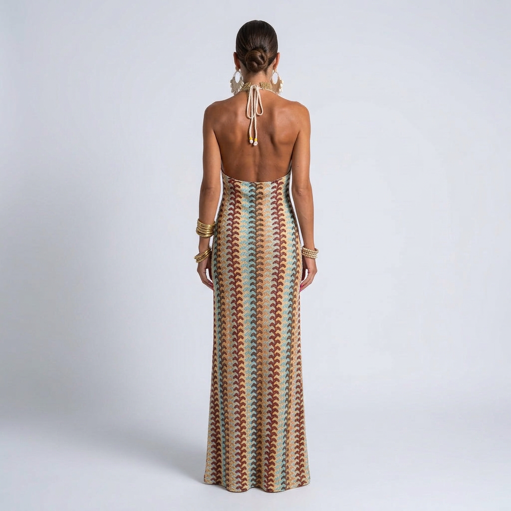 Zeynep Chevron Halter Maxi Dress with Adjustable Waist Tie and Flowing Hem