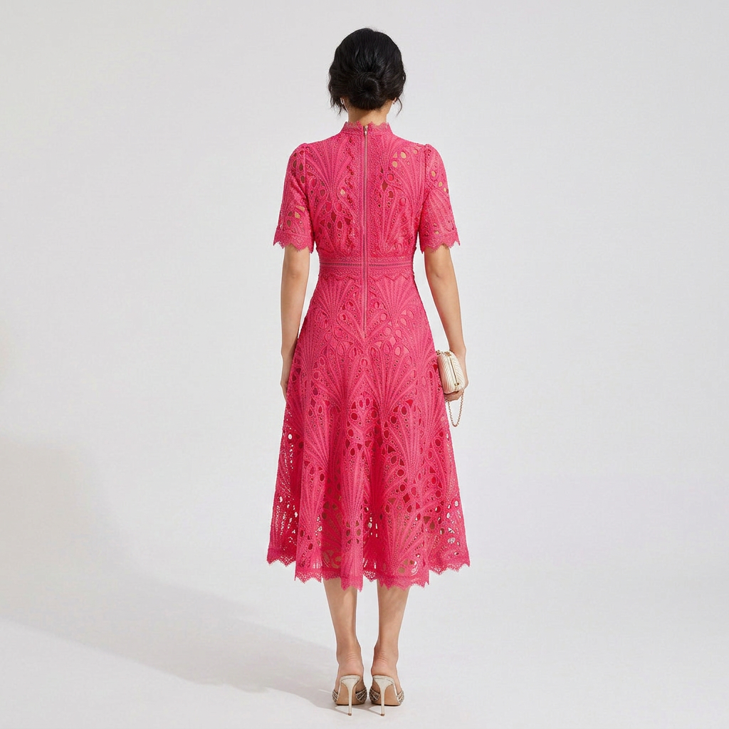 Elegant Lace Midi Dress with Flutter Sleeves and Layered