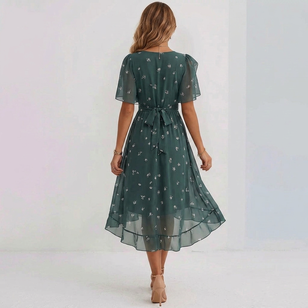 Floral Wrap Midi Dress with Flattering V-Neck and Flowy Short