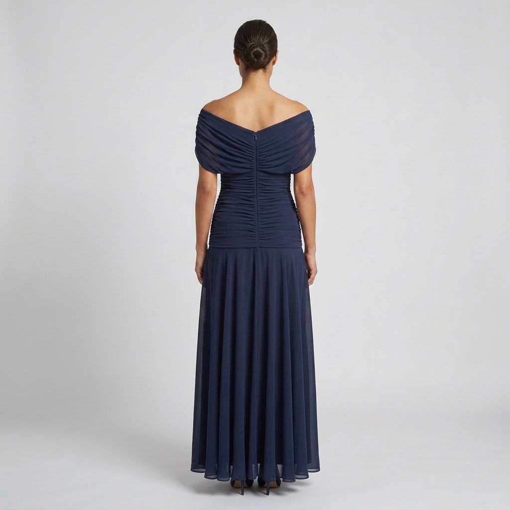Draped Off-Shoulder V-Neck Ruched Maxi Gown with Elegant Flared Skirt