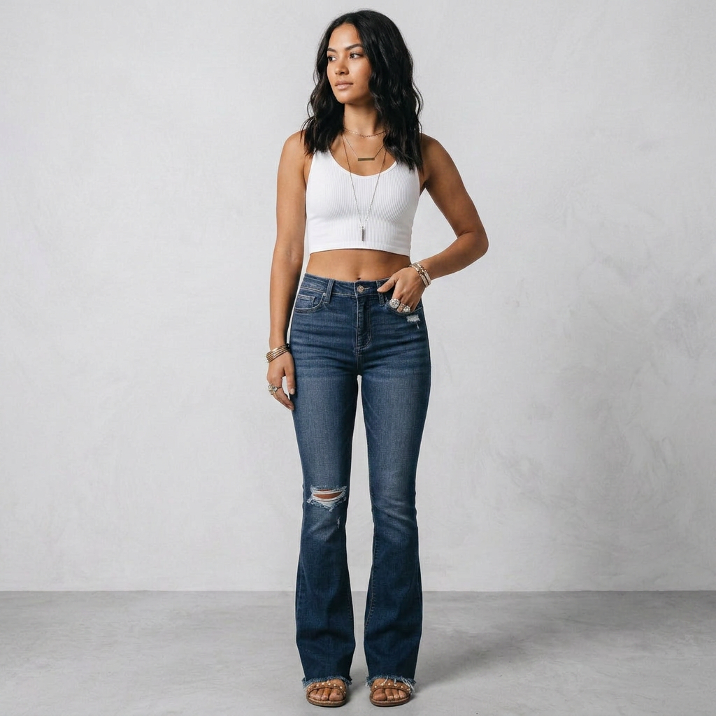 High-Waist Ripped Flare-Leg Denim Jeans