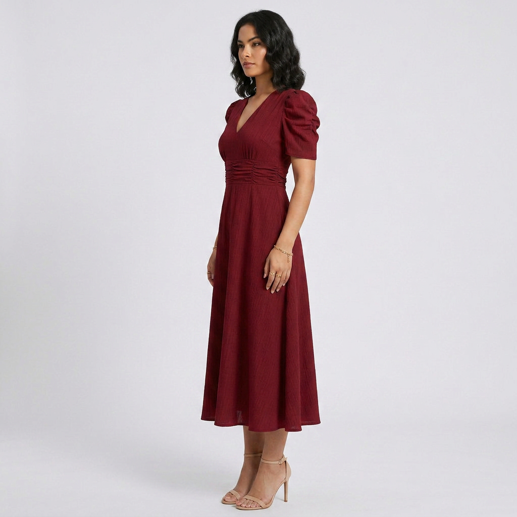Elegant V-Neck Puff Sleeve Midi Dress with Flared A-Line