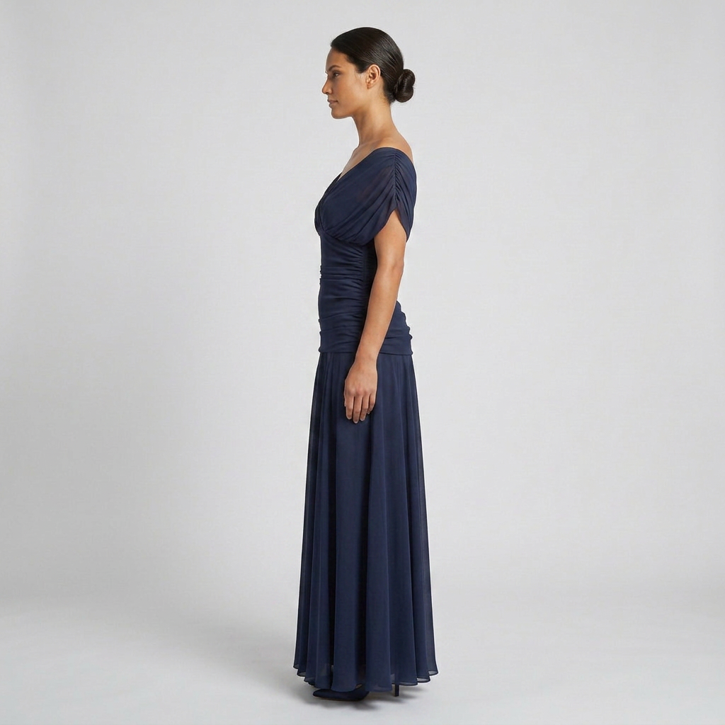 Draped Off-Shoulder V-Neck Ruched Maxi Gown with Elegant Flared Skirt