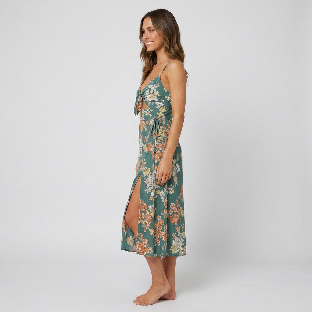 Evelina Floral Tie-Front Side Slit Midi Dress