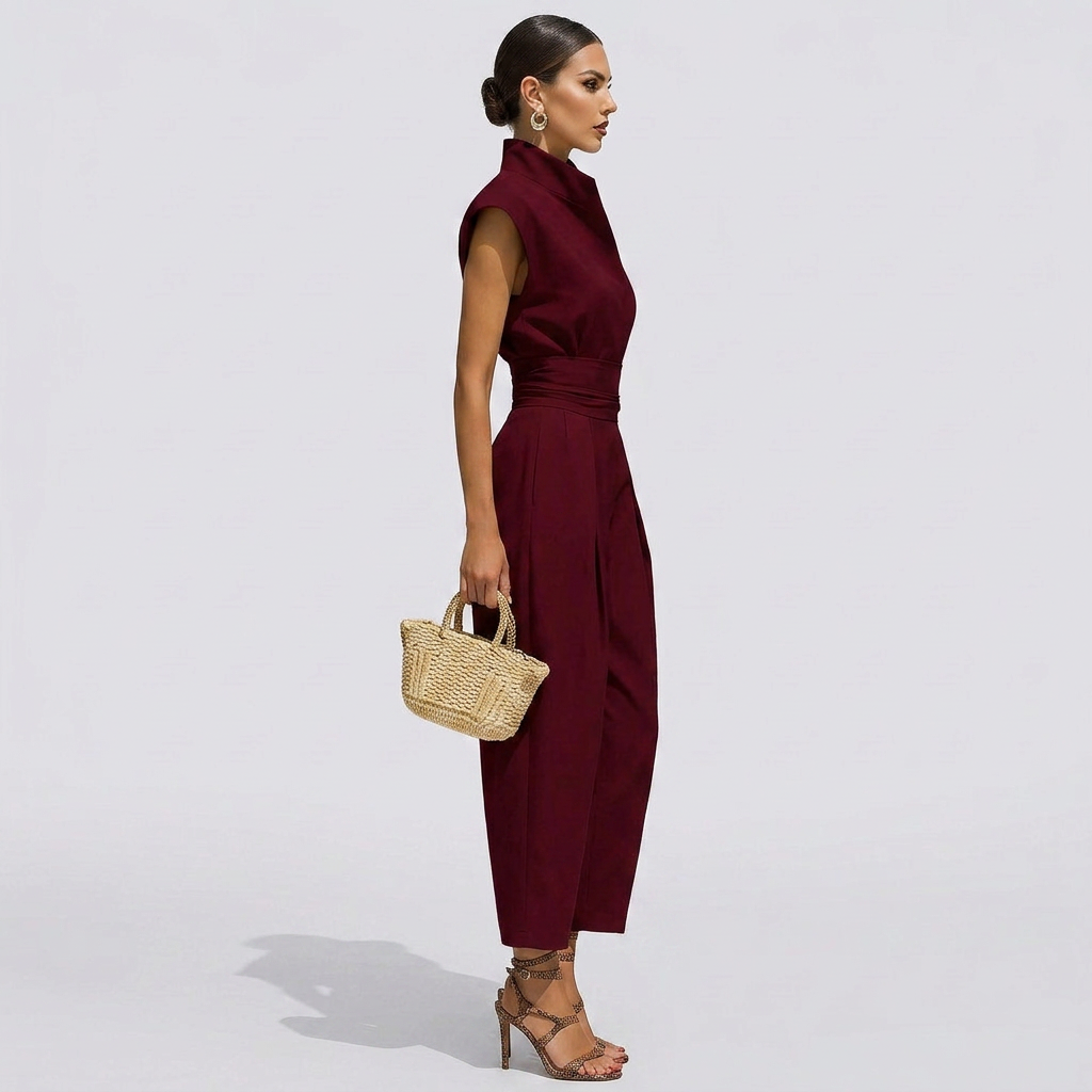 Midi Dress with Stand Collar, Short Sleeves, and Hidden Side Pockets