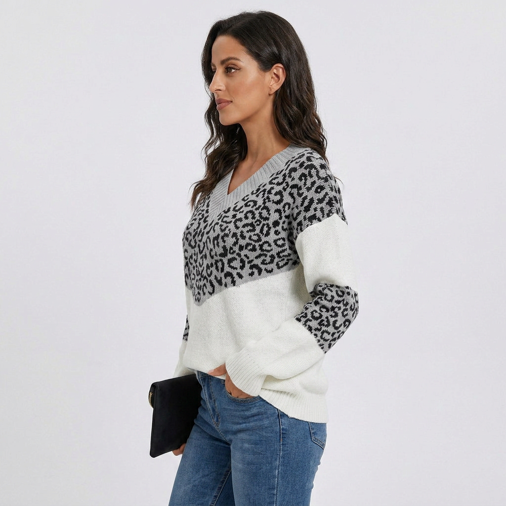 V-Neck Leopard Print Knit Sweater