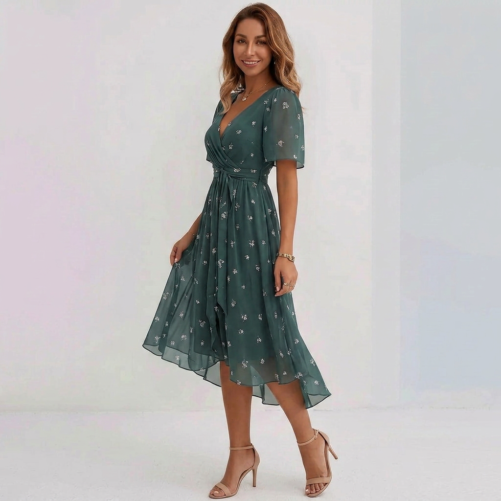 Floral Wrap Midi Dress with Flattering V-Neck and Flowy Short