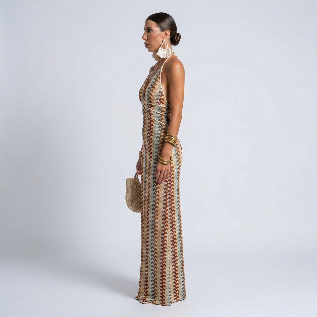 Zeynep Chevron Halter Maxi Dress with Adjustable Waist Tie and Flowing Hem