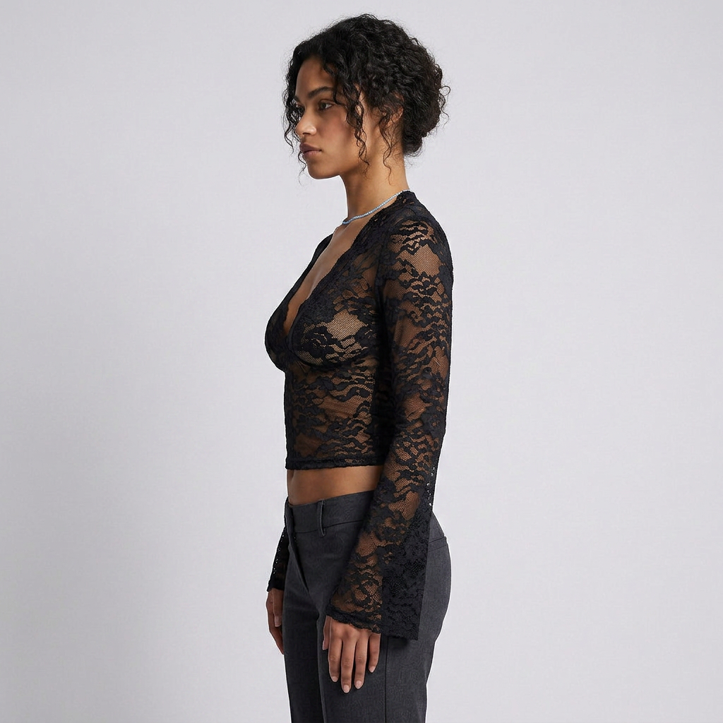 Long-Sleeve V-Neck Lace Top