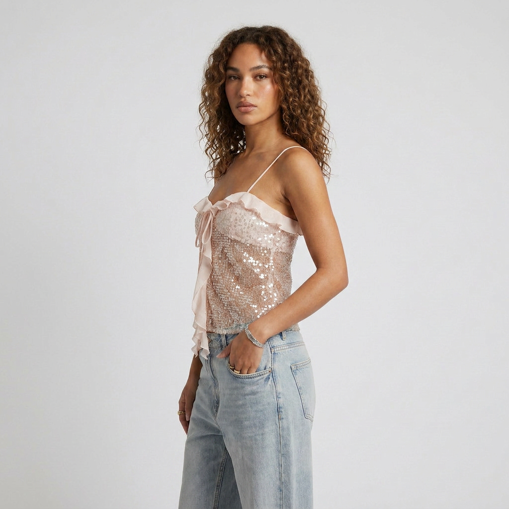 Sequin V-Neck Cami Top with Ruffles