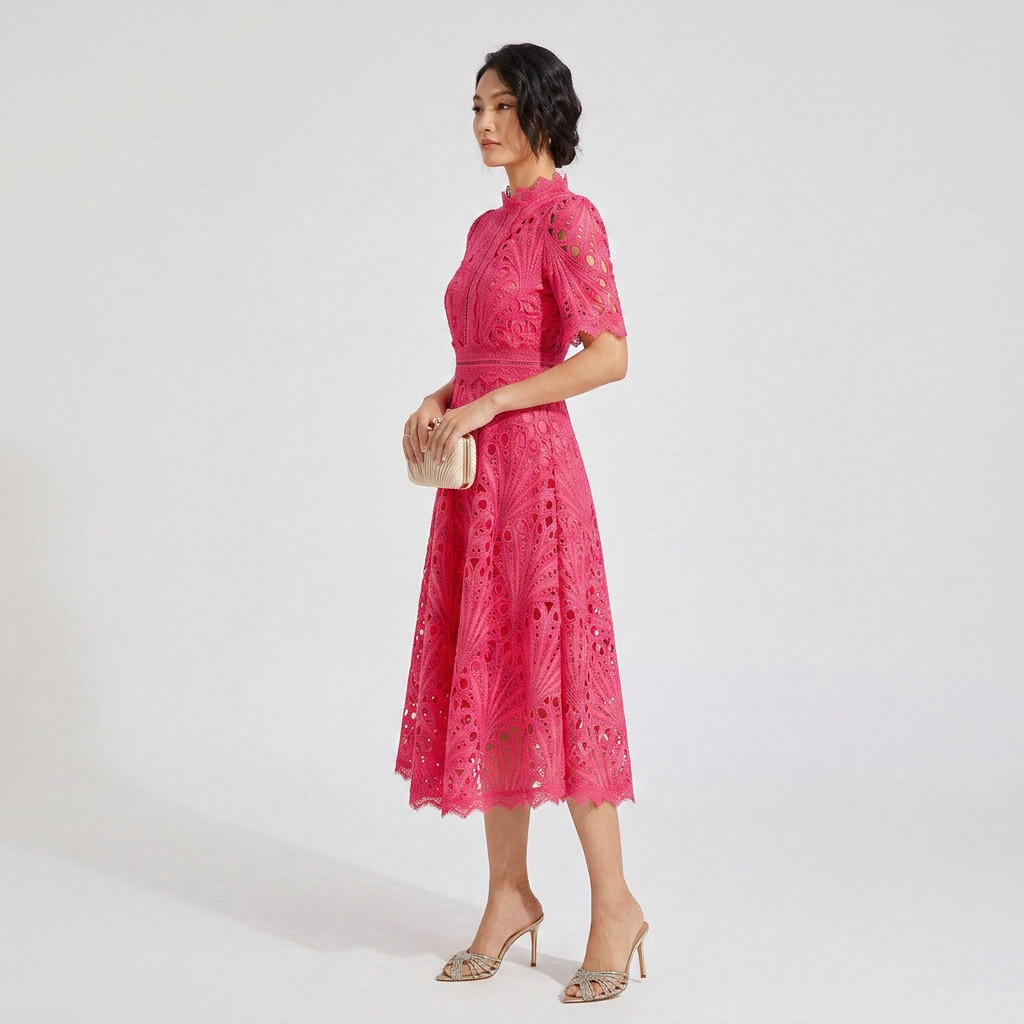 Elegant Lace Midi Dress with Flutter Sleeves and Layered