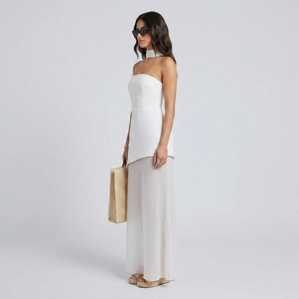 Kori Asymmetrical Layered Maxi Dress with Flowing Tiered Hem and Tailored Bodice