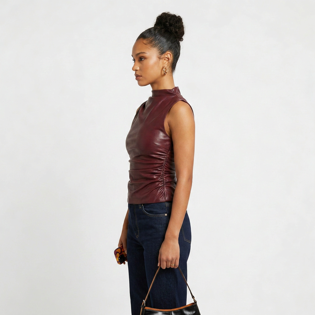 Sleeveless Vegan Leather Top with Mock Neck