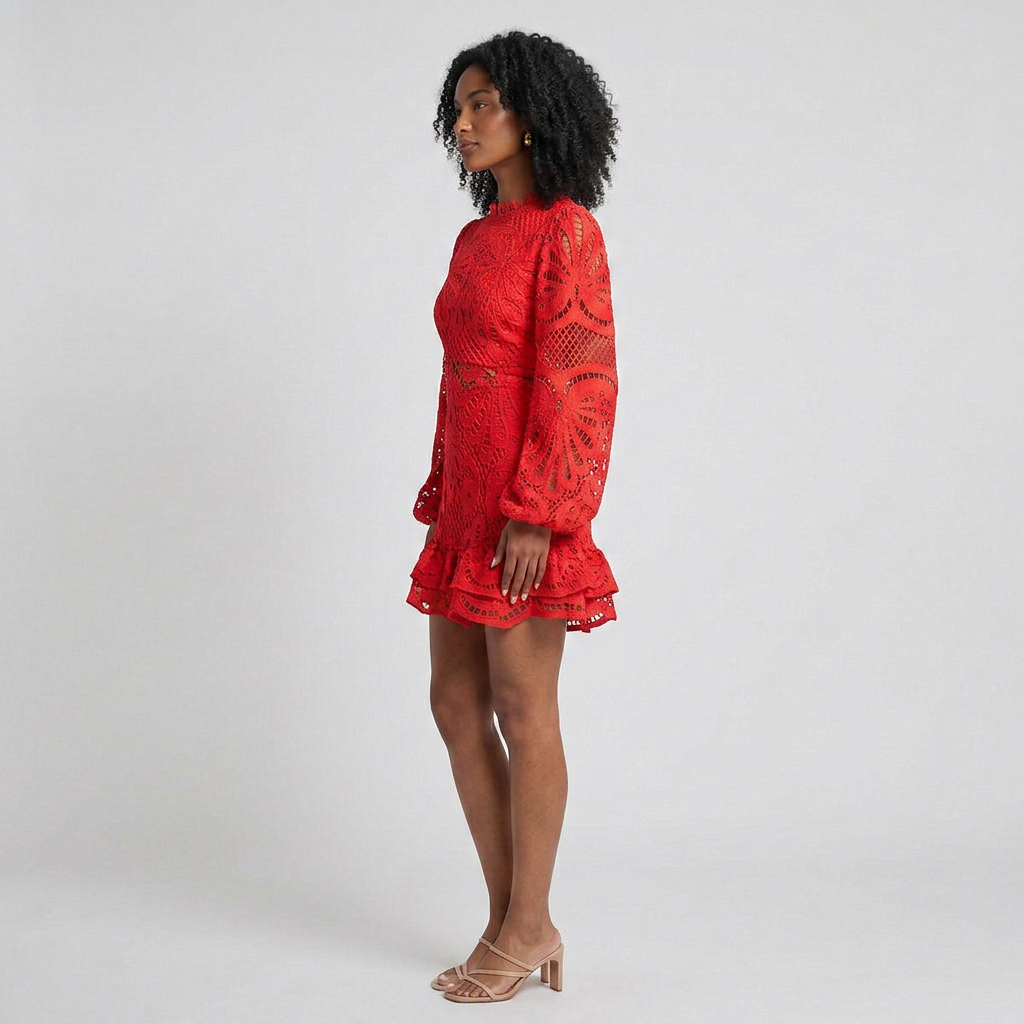 Elegant Lace Ruffle Mini Dress with V-Neckline and Tiered Silhouette