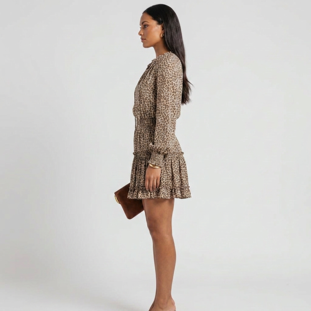 Boho Leopard Print Long Sleeve Ruffle Mini Dress