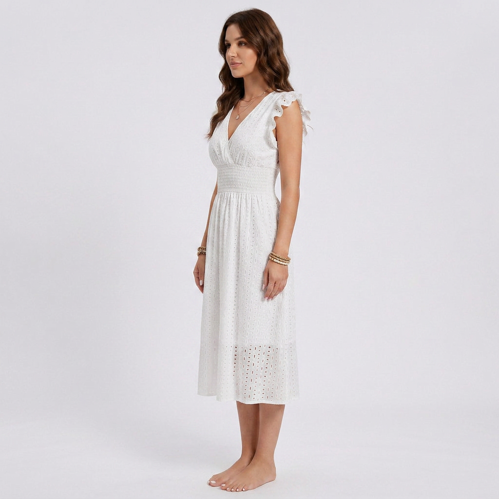Boho Eyelet Lace Smocked V-Neck Midi Dress