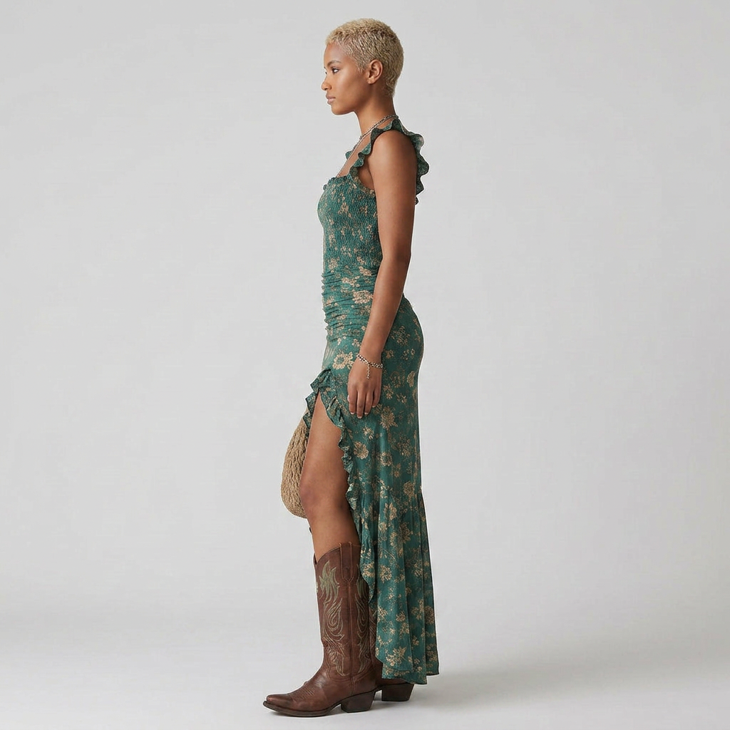 Floral Mermaid Maxi Dress with Ruffle Hem and High Slit