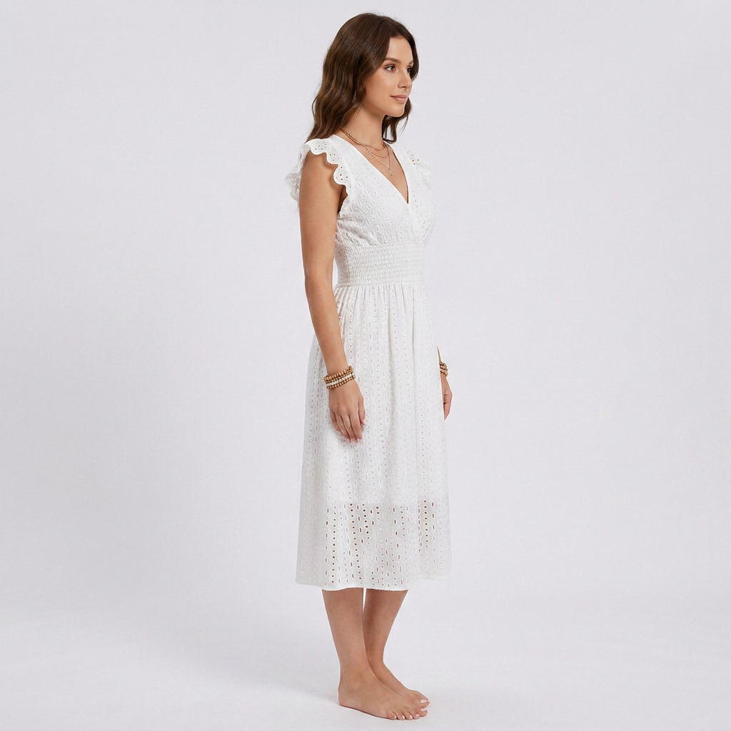 Boho Eyelet Lace Smocked V-Neck Midi Dress
