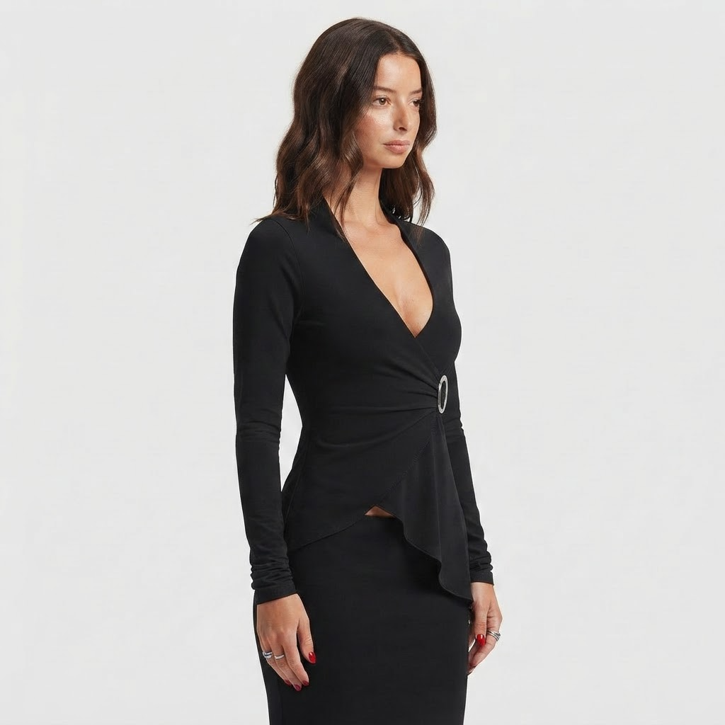 Elegant V-Neck Long Sleeve Top with Tailored Silhouette