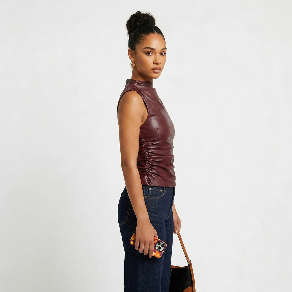 Sleeveless Vegan Leather Top with Mock Neck