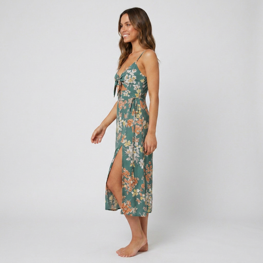 Evelina Floral Tie-Front Side Slit Midi Dress