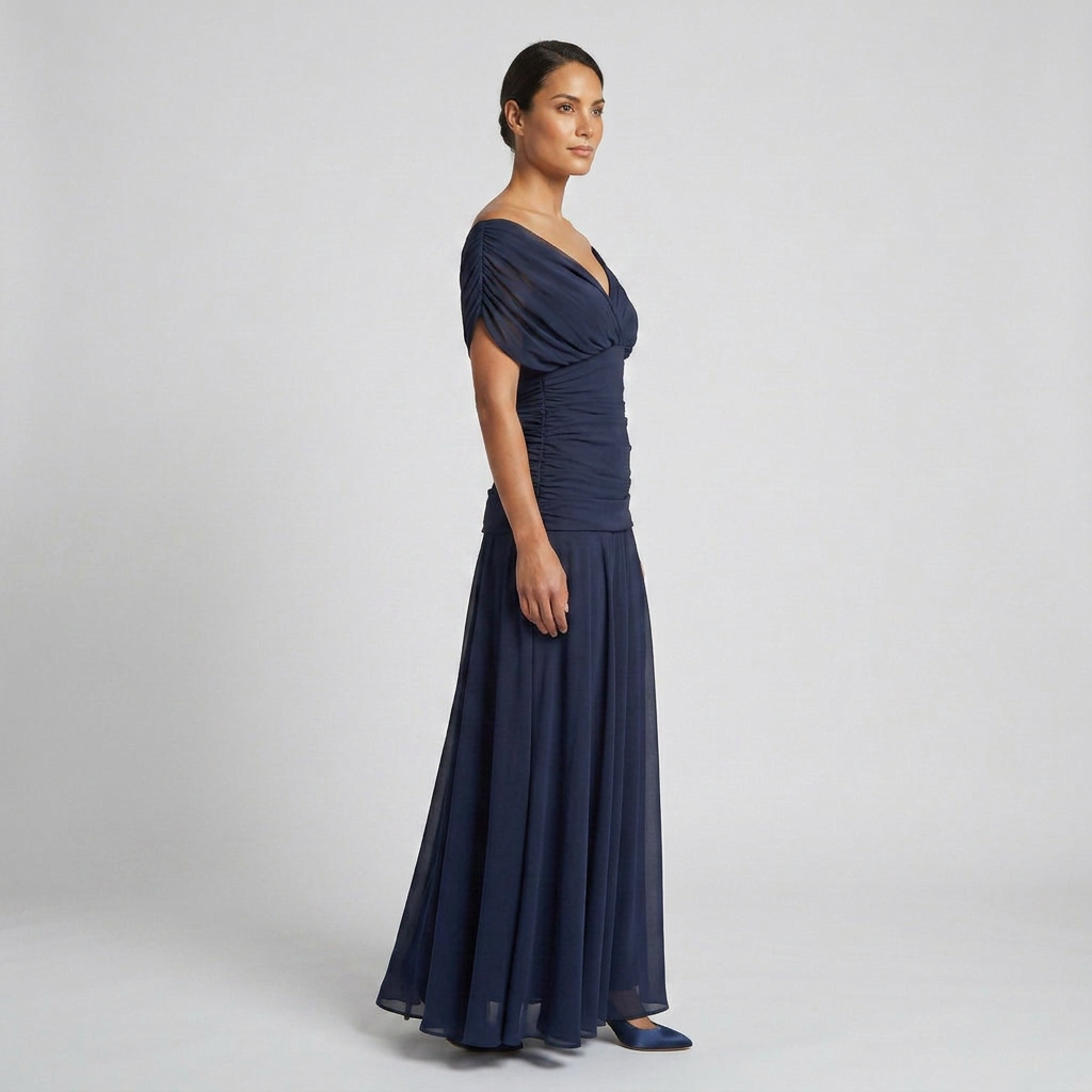 Draped Off-Shoulder V-Neck Ruched Maxi Gown with Elegant Flared Skirt