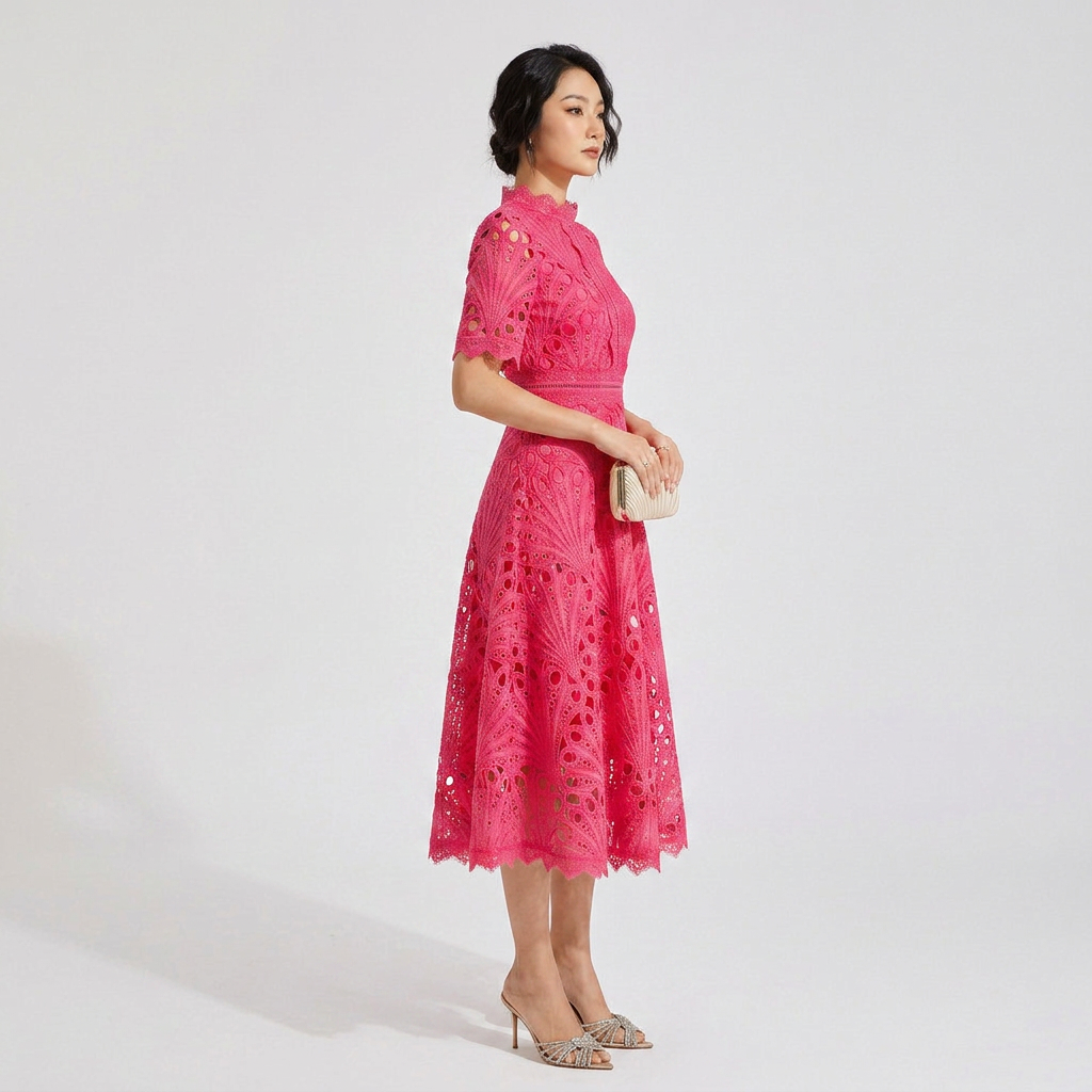 Elegant Lace Midi Dress with Flutter Sleeves and Layered
