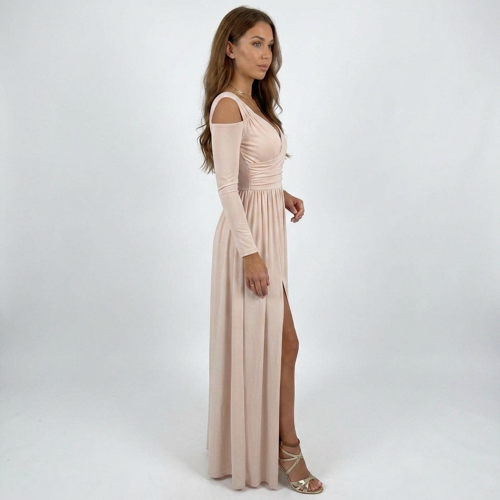 Flowing Long Sleeve Maxi Dress with Elegant Side Split and V-Neckline