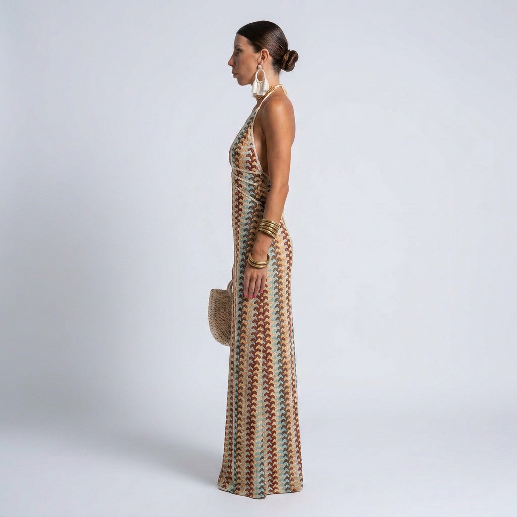Zeynep Chevron Halter Maxi Dress with Adjustable Waist Tie and Flowing Hem