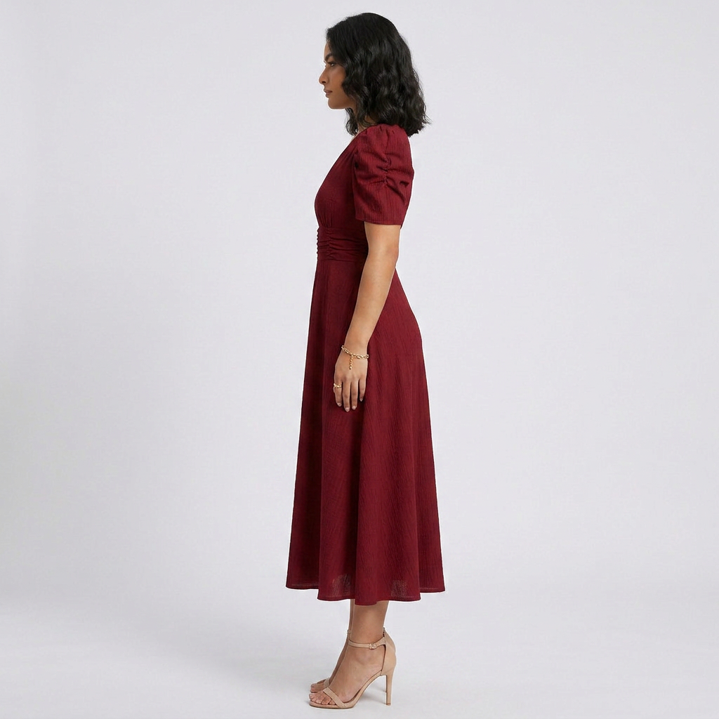 Elegant V-Neck Puff Sleeve Midi Dress with Flared A-Line