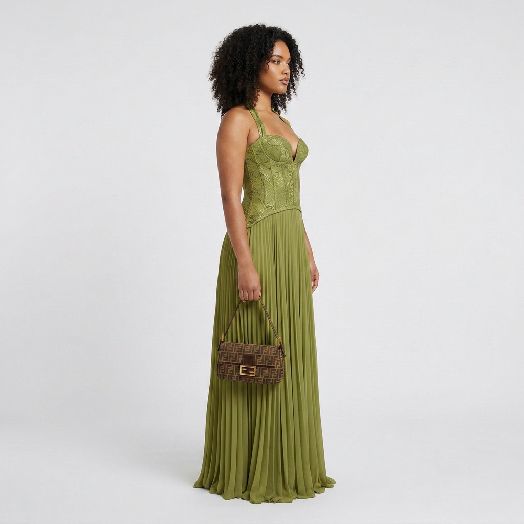 Serena Lace Corset Pleated Maxi Dress