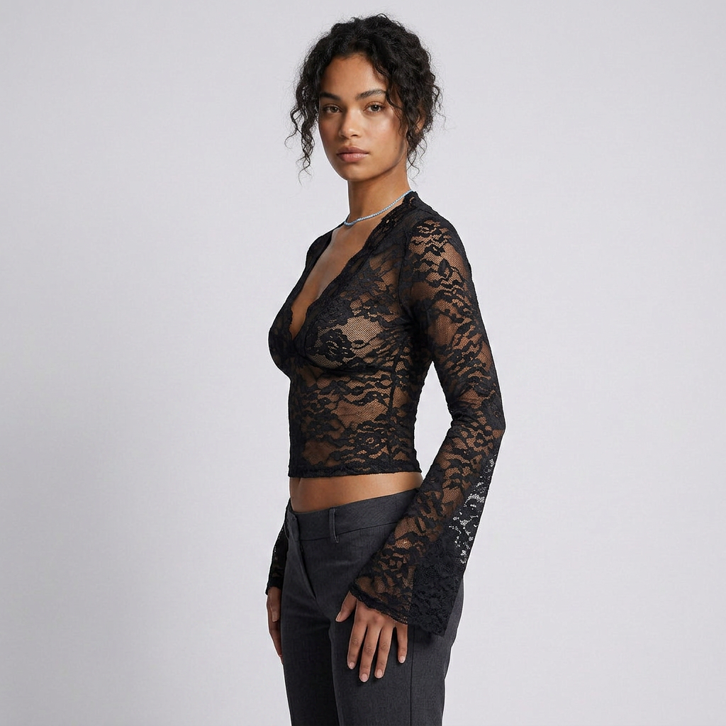 Long-Sleeve V-Neck Lace Top