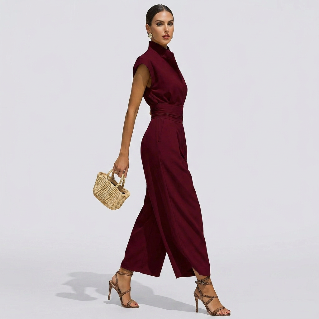 Midi Dress with Stand Collar, Short Sleeves, and Hidden Side Pockets