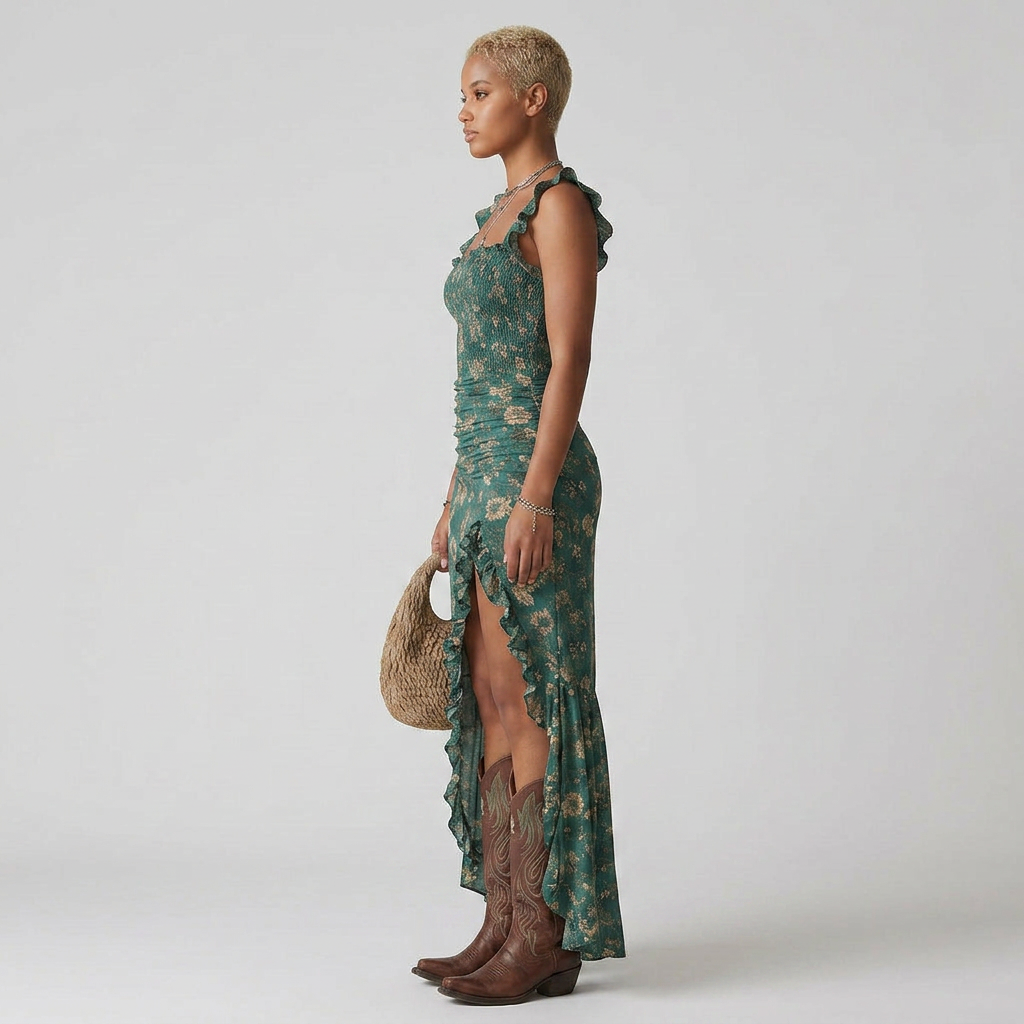 Floral Mermaid Maxi Dress with Ruffle Hem and High Slit