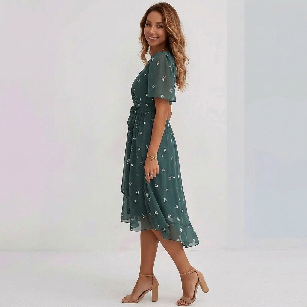 Floral Wrap Midi Dress with Flattering V-Neck and Flowy Short