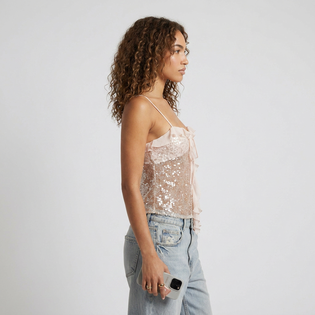 Sequin V-Neck Cami Top with Ruffles