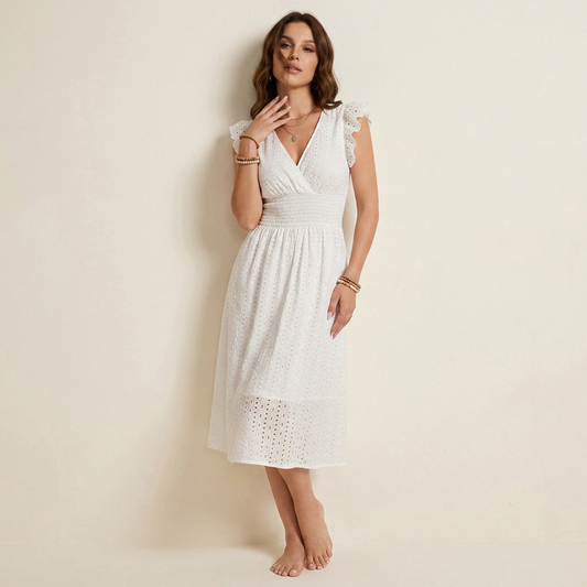 Boho Eyelet Lace Smocked V-Neck Midi Dress