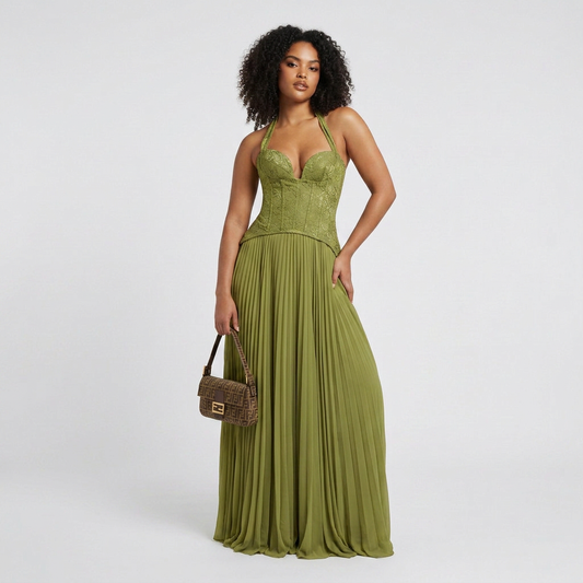 Serena Lace Corset Pleated Maxi Dress