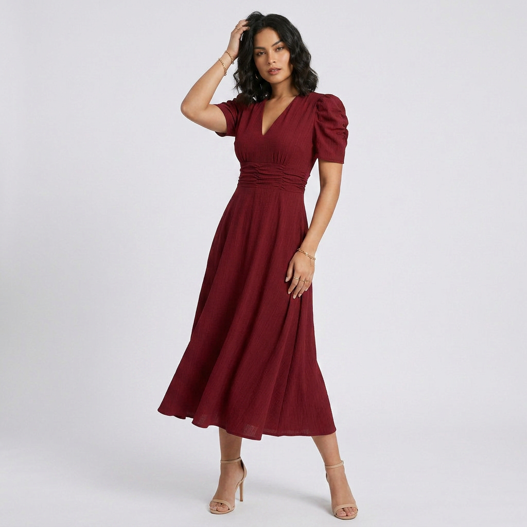 Elegant V-Neck Puff Sleeve Midi Dress with Flared A-Line