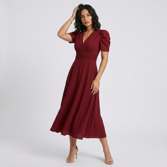 Elegant V-Neck Puff Sleeve Midi Dress with Flared A-Line