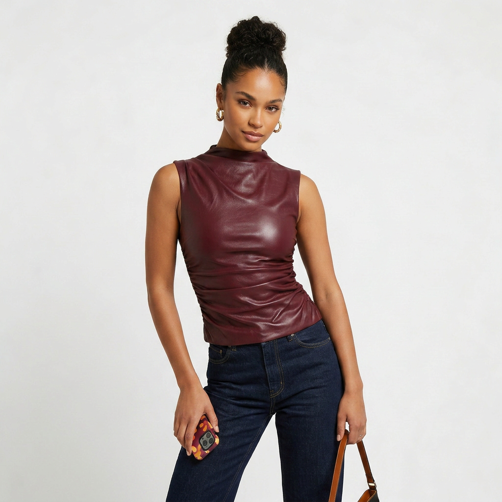 Sleeveless Vegan Leather Top with Mock Neck