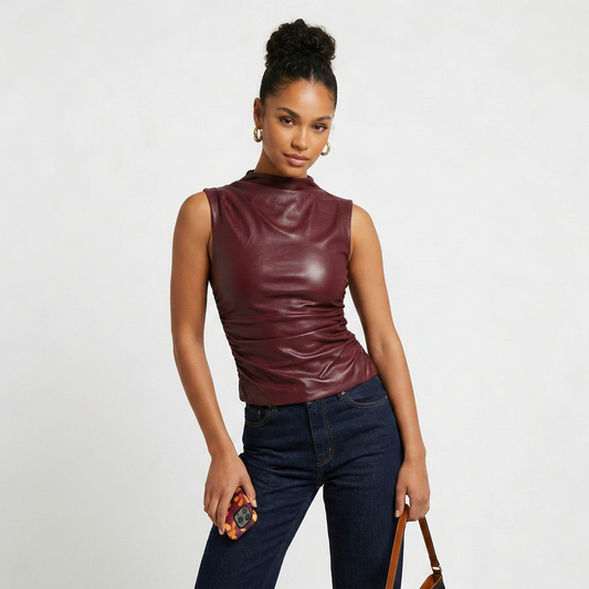 Sleeveless Vegan Leather Top with Mock Neck