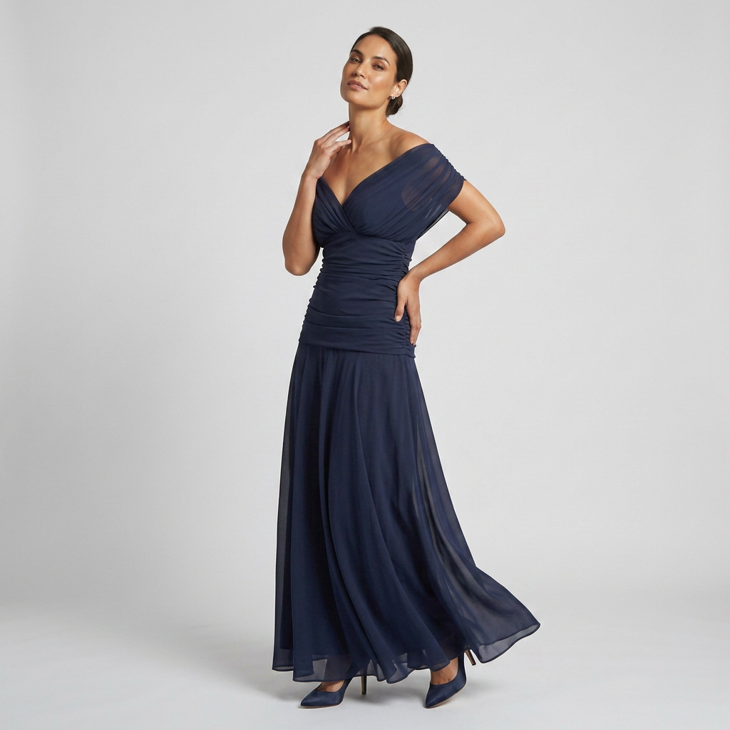 Draped Off-Shoulder V-Neck Ruched Maxi Gown with Elegant Flared Skirt